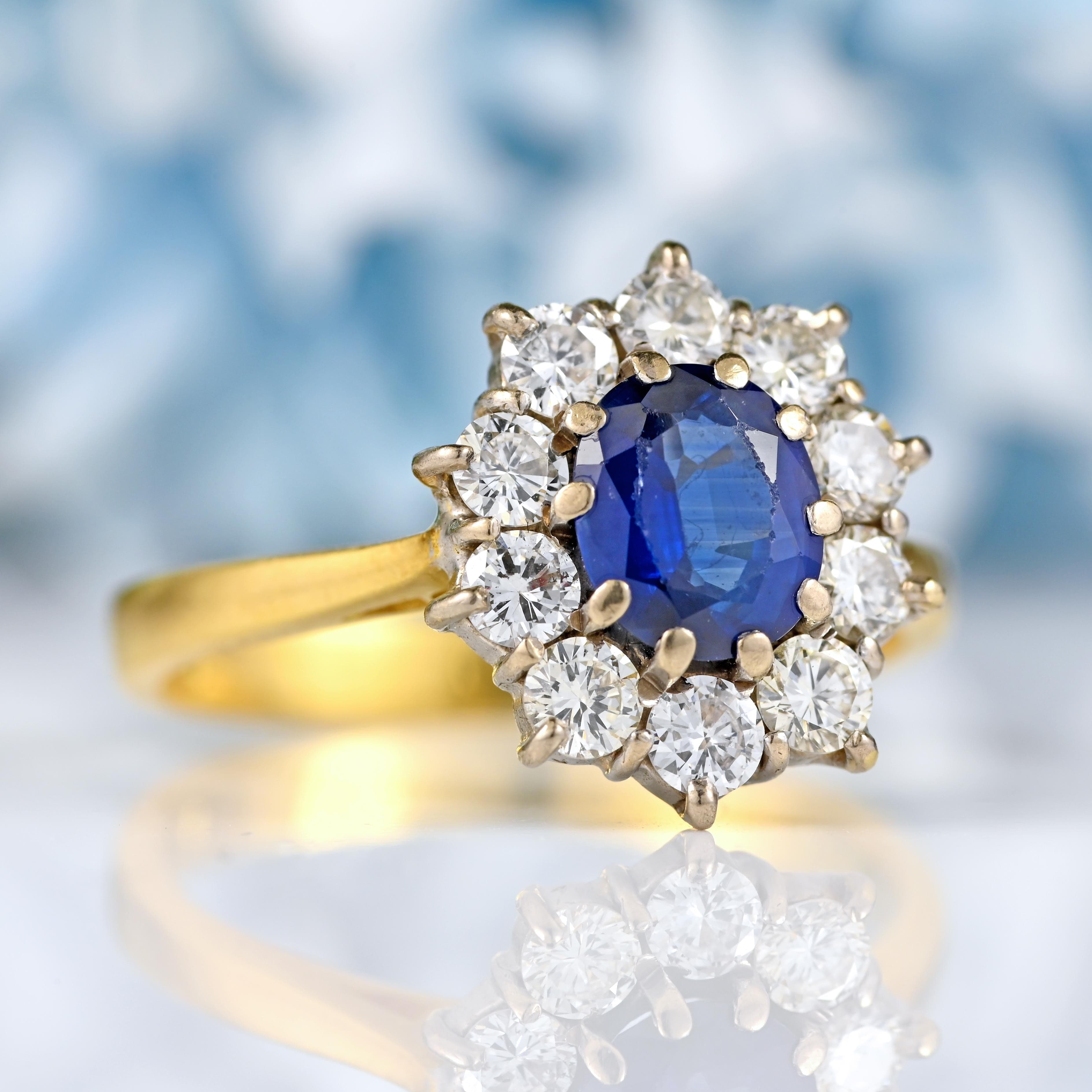 Ellibelle Jewellery Vintage 1991 Sapphire & Diamond 18ct Gold Cluster Engagement Ring