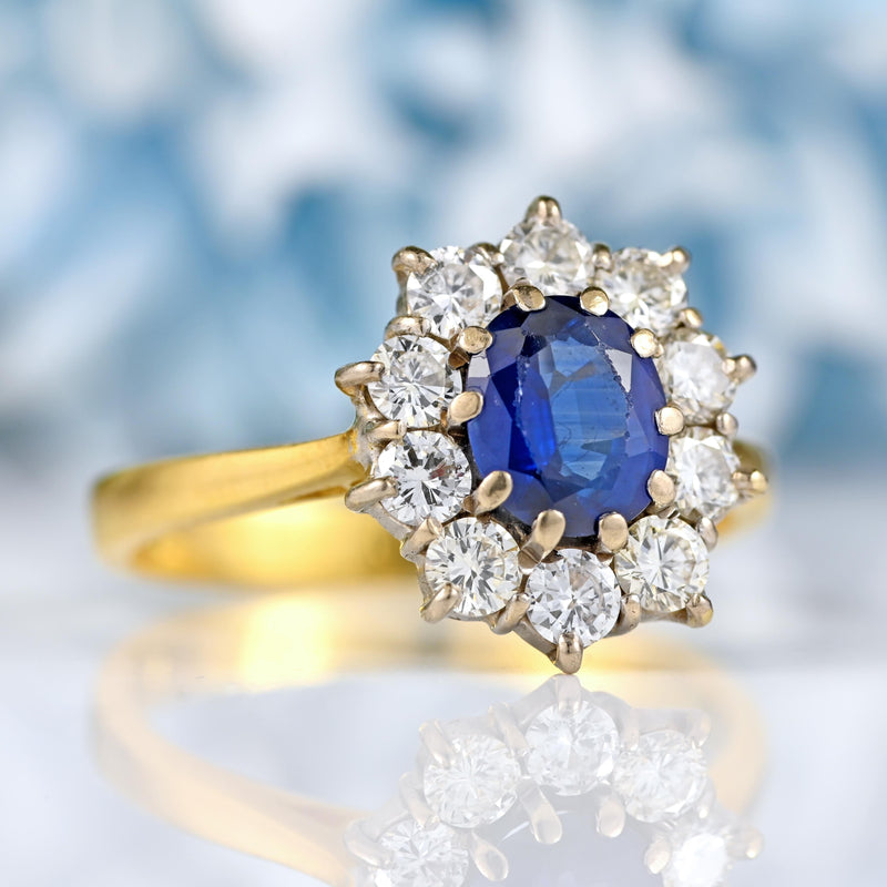 Ellibelle Jewellery Vintage 1991 Sapphire & Diamond 18ct Gold Cluster Engagement Ring