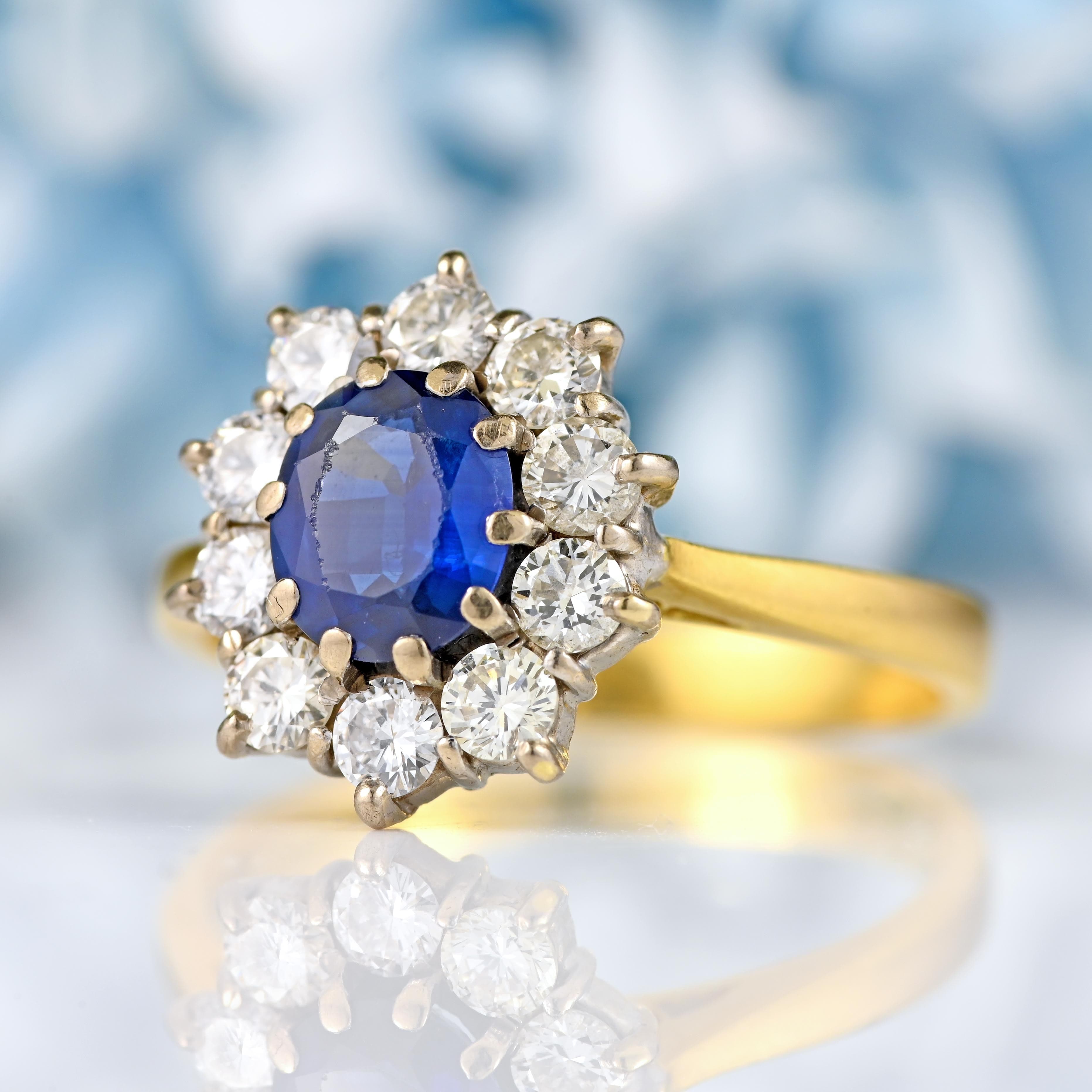 Ellibelle Jewellery Vintage 1991 Sapphire & Diamond 18ct Gold Cluster Engagement Ring