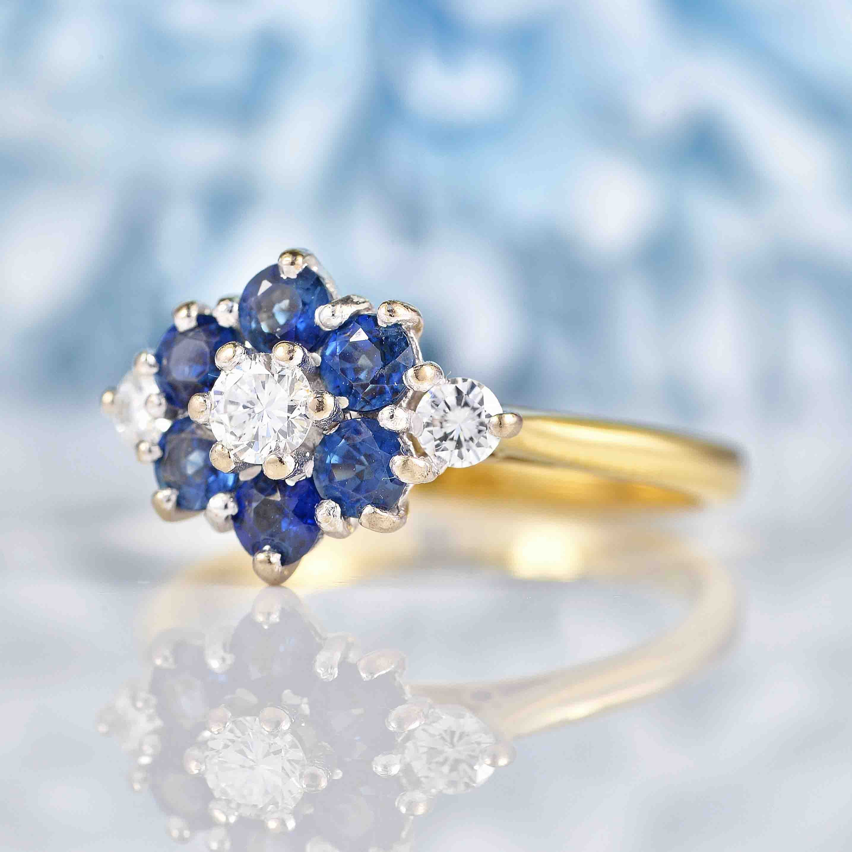 Ellibelle Jewellery Vintage 1991 Sapphire & Diamond 18ct Gold Daisy Cluster Ring