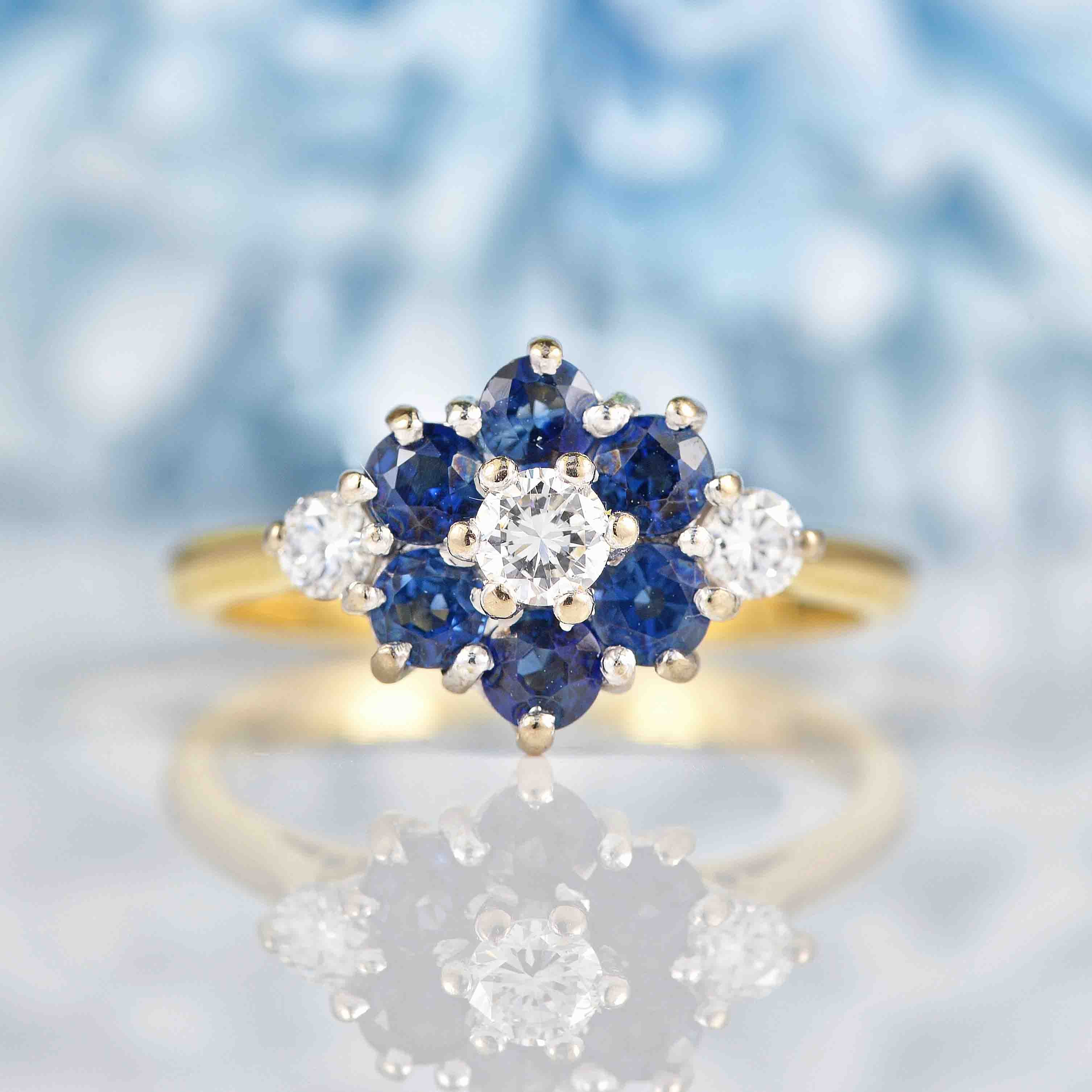 Ellibelle Jewellery Vintage 1991 Sapphire & Diamond 18ct Gold Daisy Cluster Ring