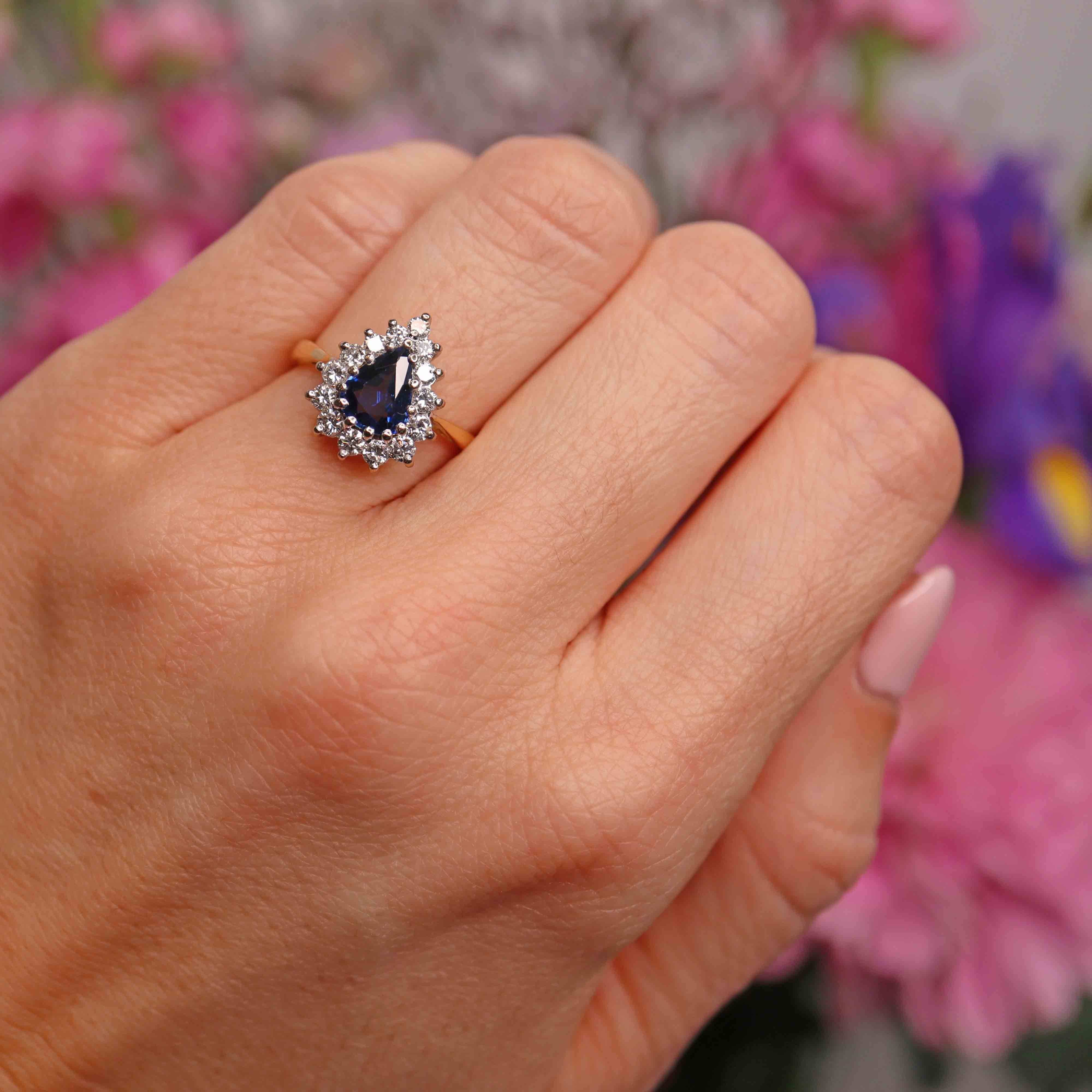 Ellibelle Jewellery Vintage 1991 Sapphire & Diamond 18ct Gold Pear Cluster Engagement Ring (1.30cts)