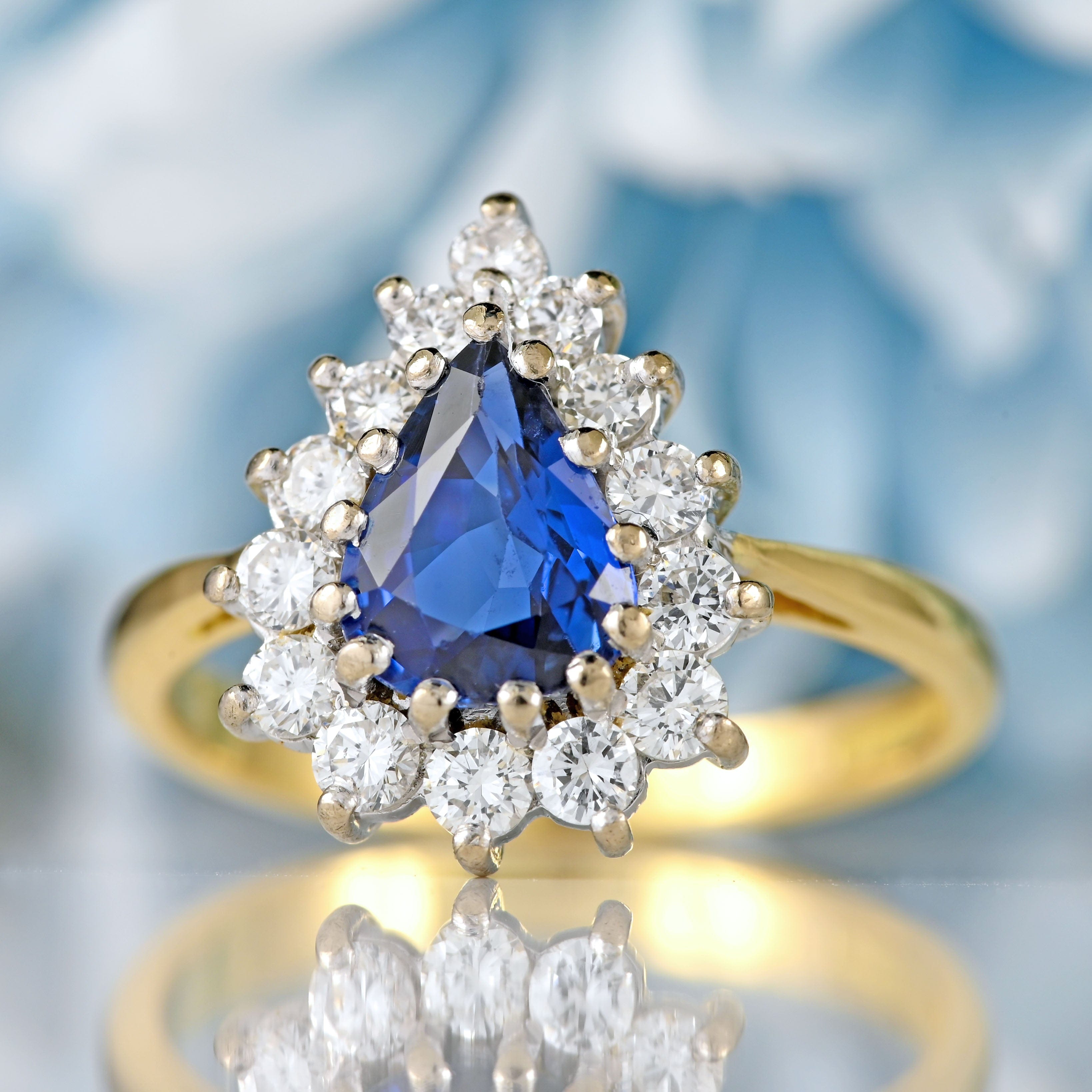 Ellibelle Jewellery Vintage 1991 Sapphire & Diamond 18ct Gold Pear Cluster Engagement Ring (1.30cts)
