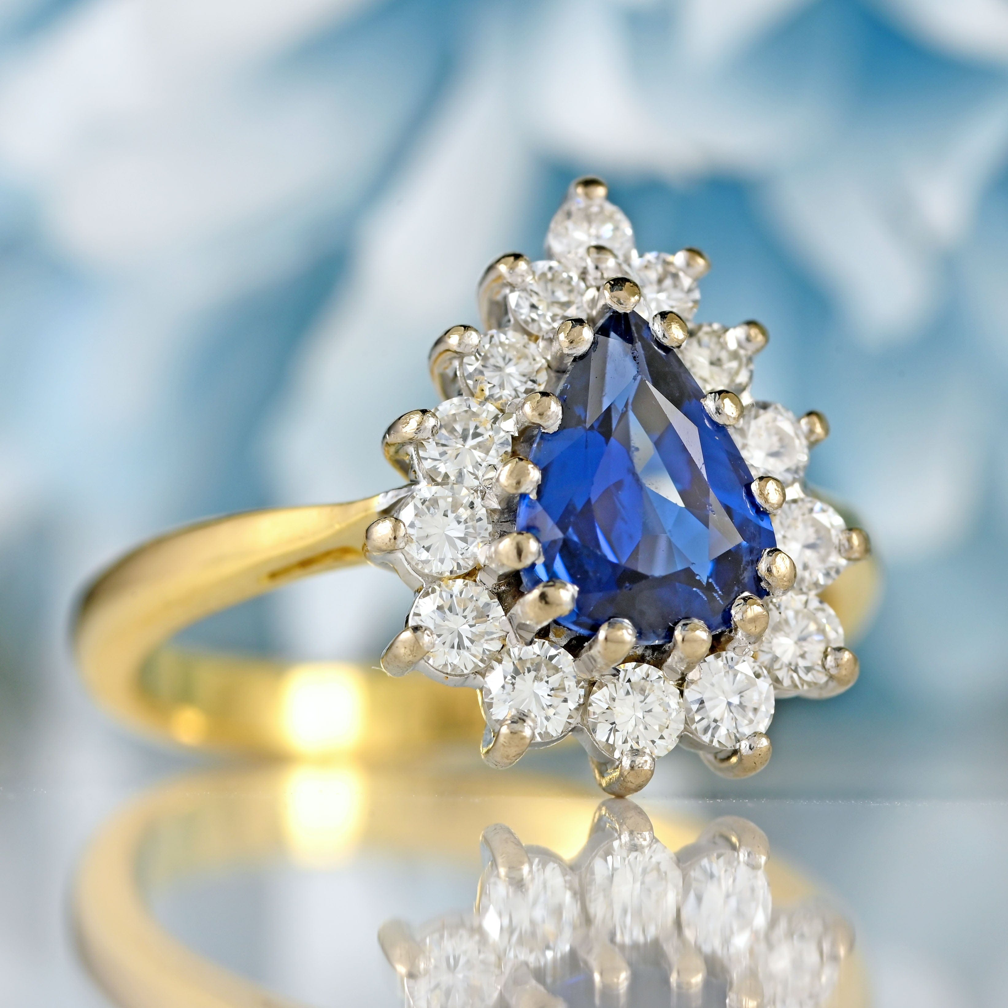 Ellibelle Jewellery Vintage 1991 Sapphire & Diamond 18ct Gold Pear Cluster Engagement Ring (1.30cts)