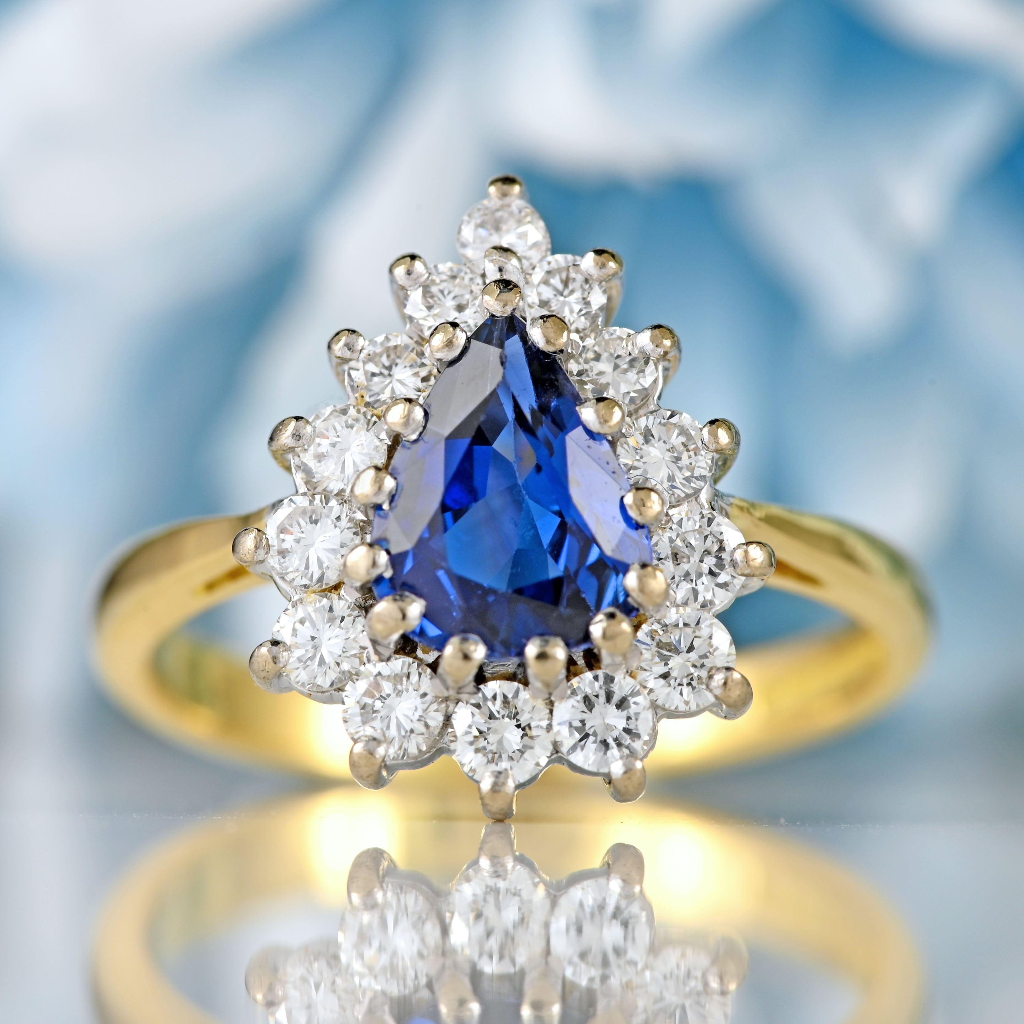 Ellibelle Jewellery Vintage 1991 Sapphire & Diamond 18ct Gold Pear Cluster Engagement Ring (1.30cts)
