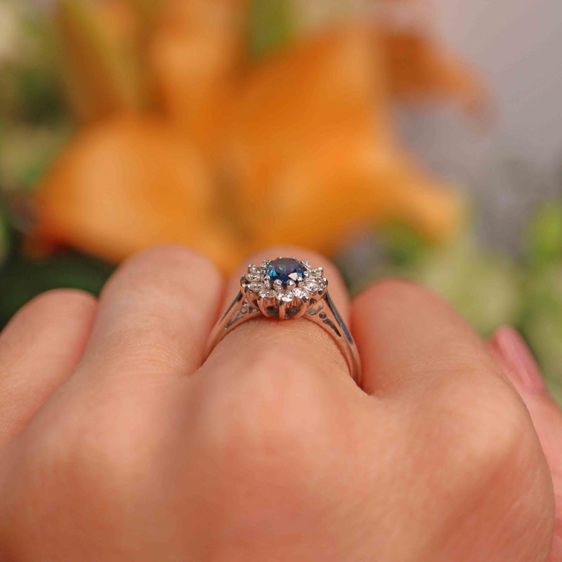 Ellibelle Jewellery Vintage 1991 Sapphire & Diamond 18ct White Gold Cluster Ring
