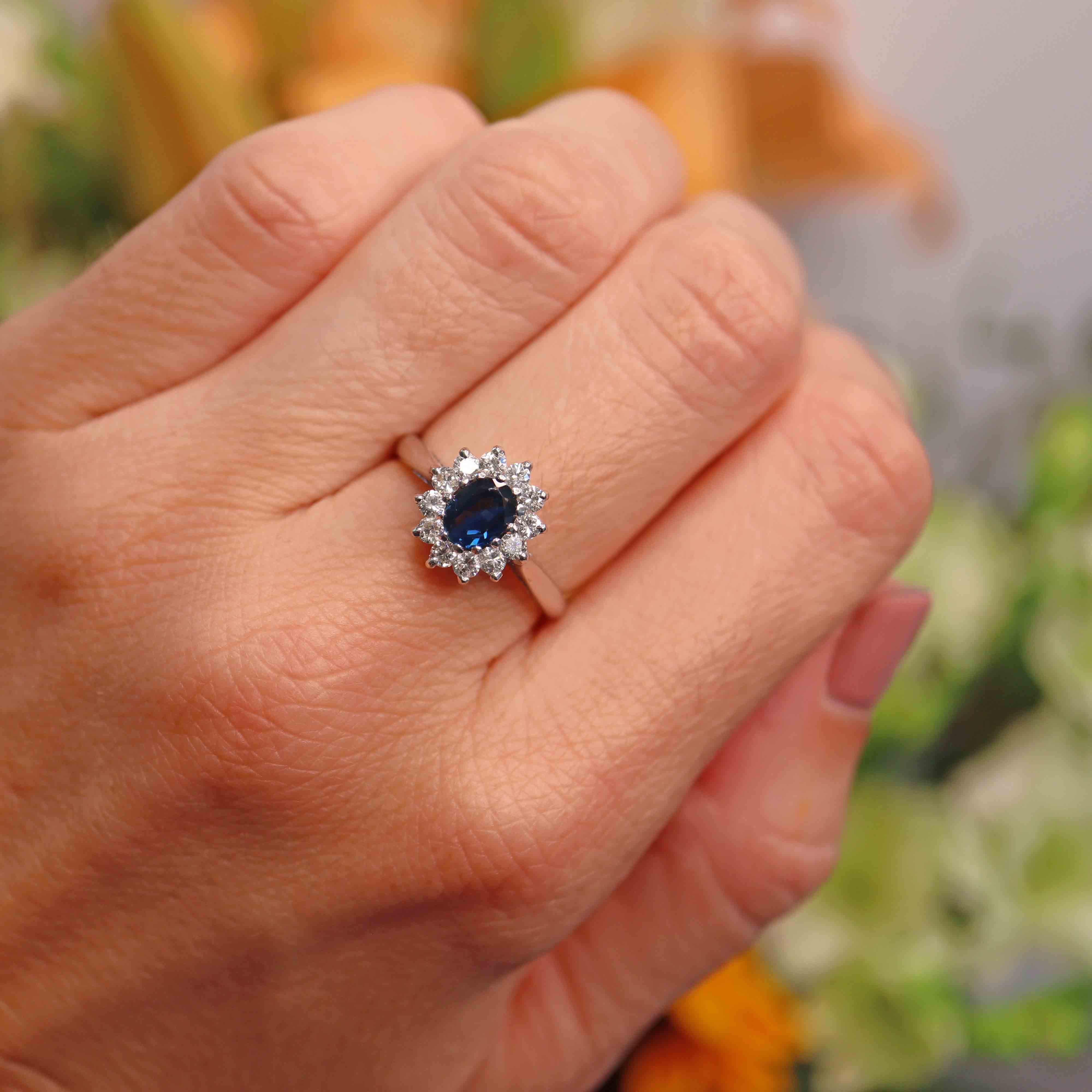 Ellibelle Jewellery Vintage 1991 Sapphire & Diamond 18ct White Gold Cluster Ring