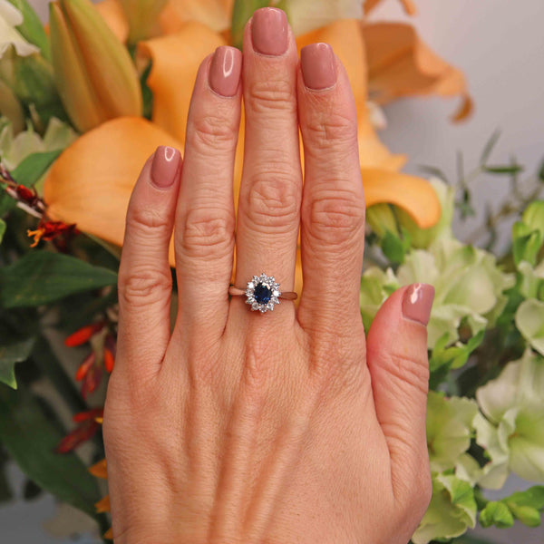 Ellibelle Jewellery Vintage 1991 Sapphire & Diamond 18ct White Gold Cluster Ring
