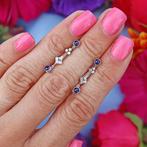 Ellibelle Jewellery Vintage 1992 Cabochon Sapphire & Diamond 18ct White Gold Drop Earrings