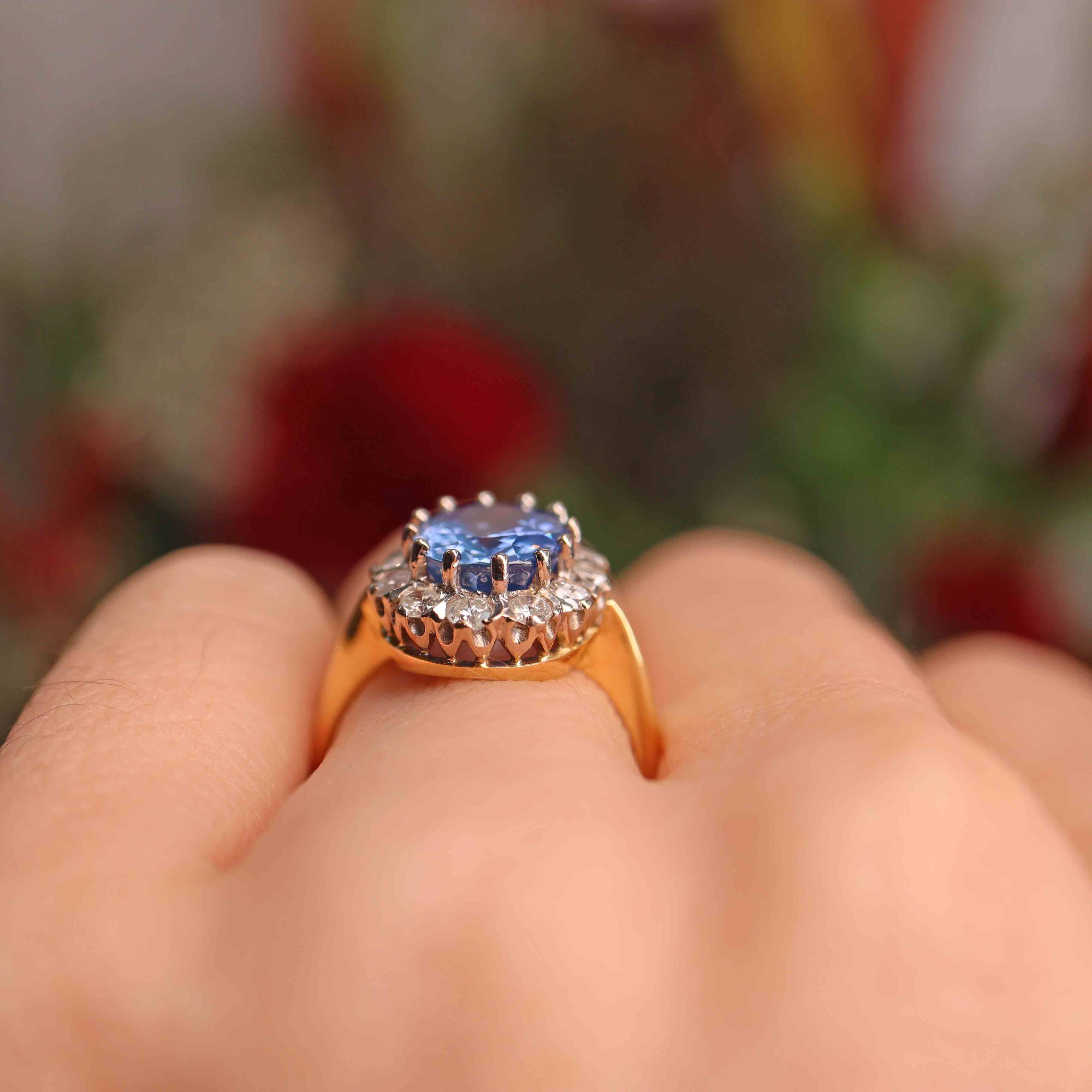 Ellibelle Jewellery Vintage 1992 Ceylon Sapphire & Diamond 18ct Gold Cluster Engagement Ring