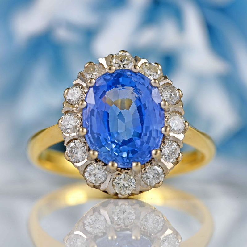 Ellibelle Jewellery Vintage 1992 Ceylon Sapphire & Diamond 18ct Gold Cluster Engagement Ring