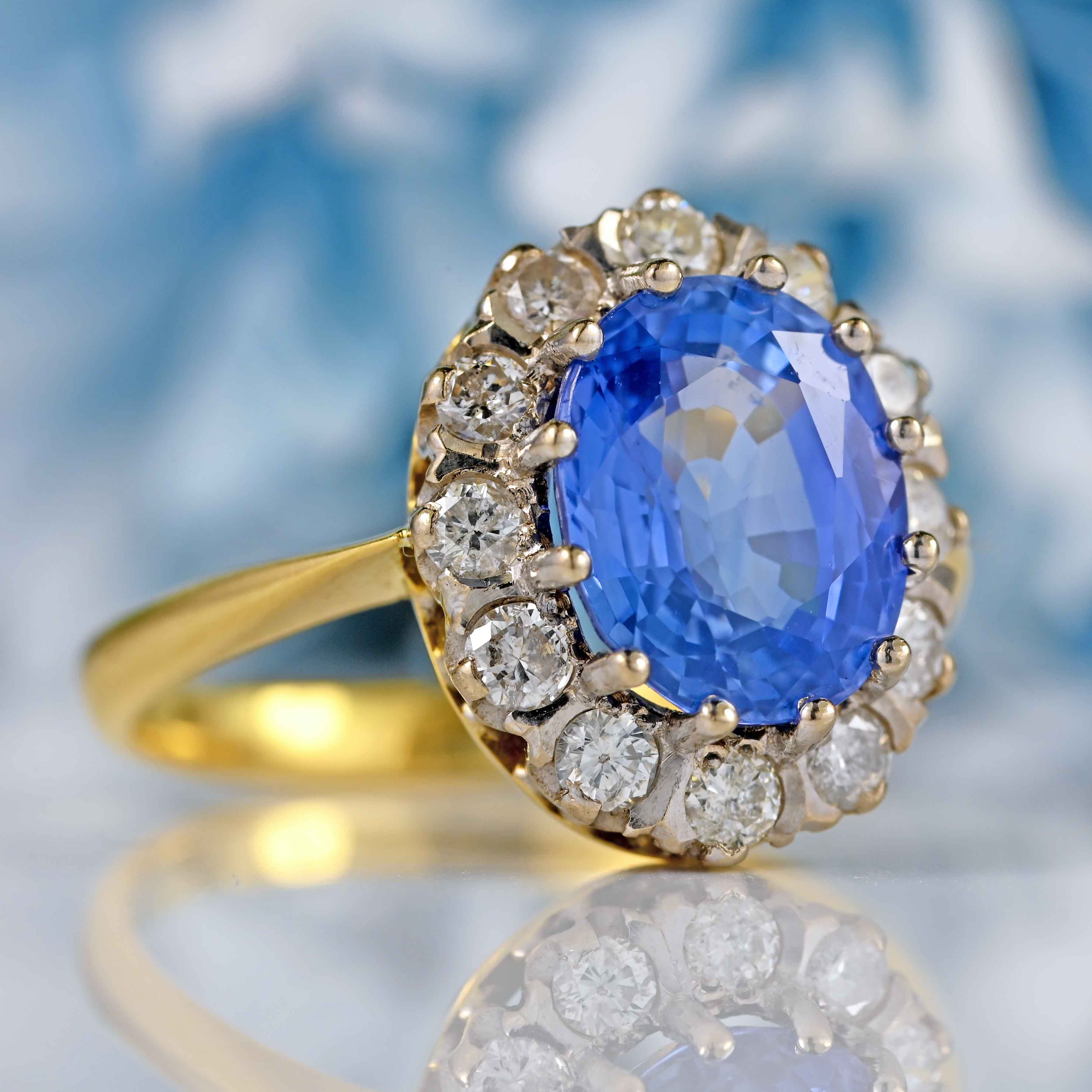 Ellibelle Jewellery Vintage 1992 Ceylon Sapphire & Diamond 18ct Gold Cluster Engagement Ring