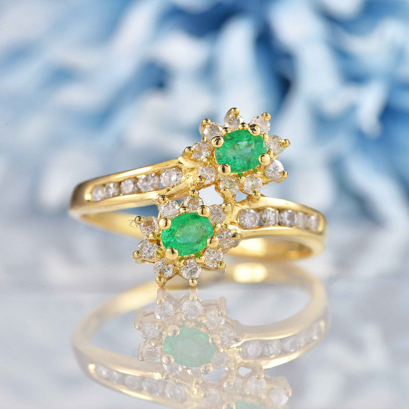 Ellibelle Jewellery Vintage 1992 Emerald & Diamond 18ct Gold Crossover Cluster Ring