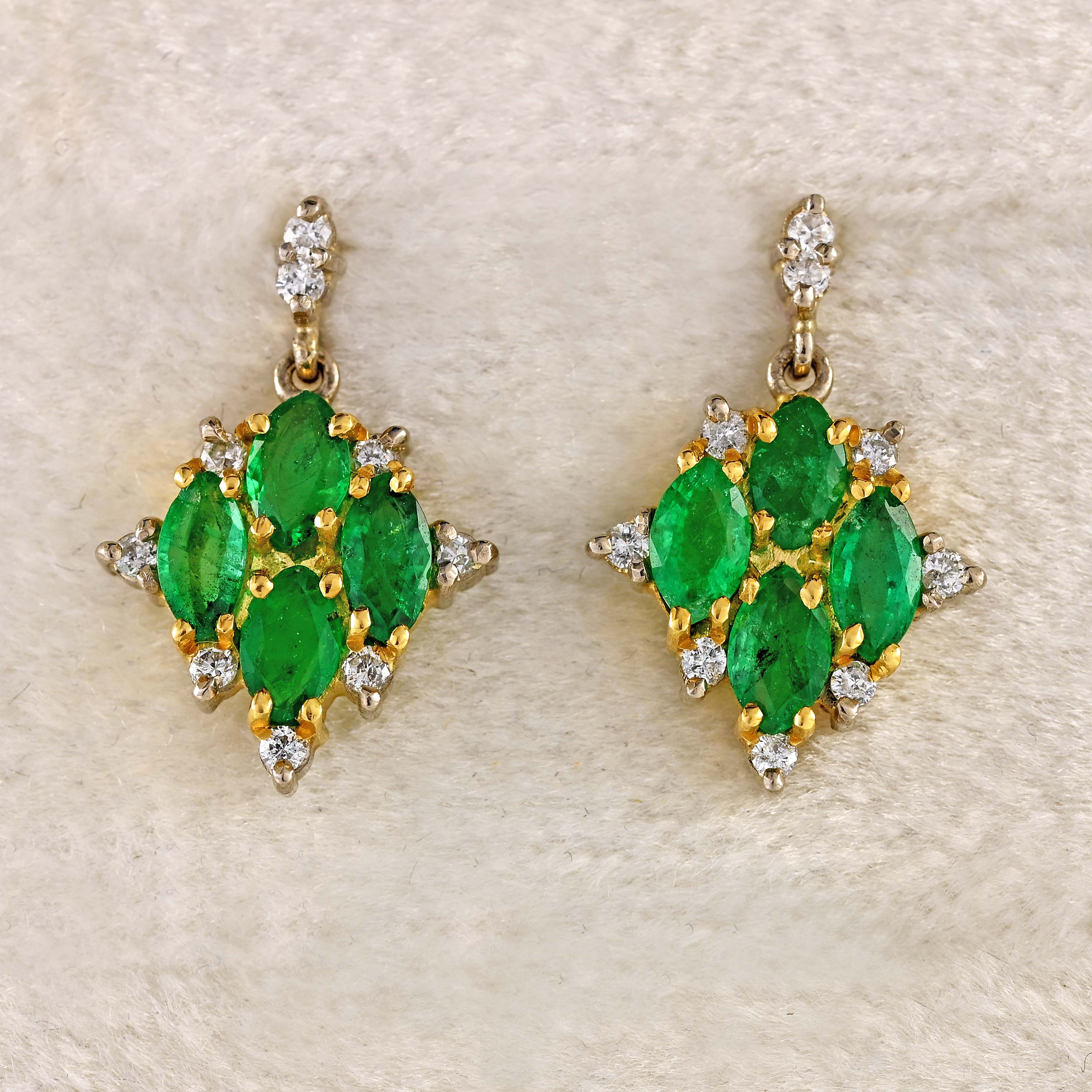 Ellibelle Jewellery Vintage 1992 Emerald & Diamond 18ct Gold Marquise Drop Earrings