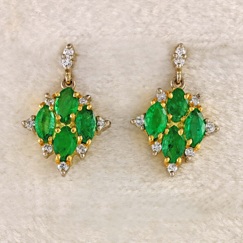 Ellibelle Jewellery Vintage 1992 Emerald & Diamond 18ct Gold Marquise Drop Earrings