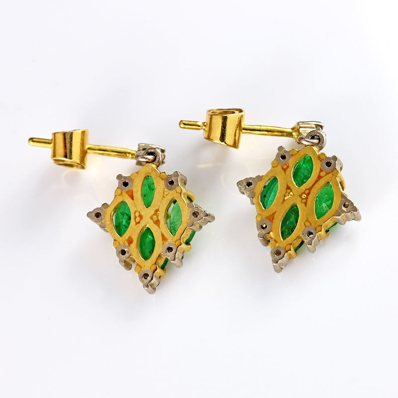 Ellibelle Jewellery Vintage 1992 Emerald & Diamond 18ct Gold Marquise Drop Earrings