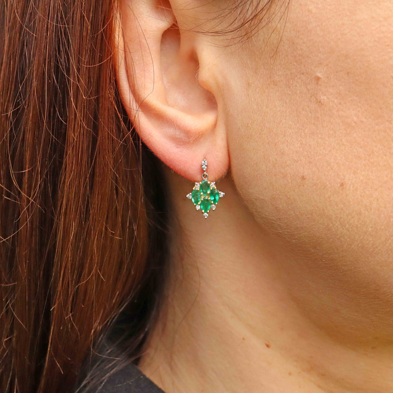 Ellibelle Jewellery Vintage 1992 Emerald & Diamond 18ct Gold Marquise Drop Earrings