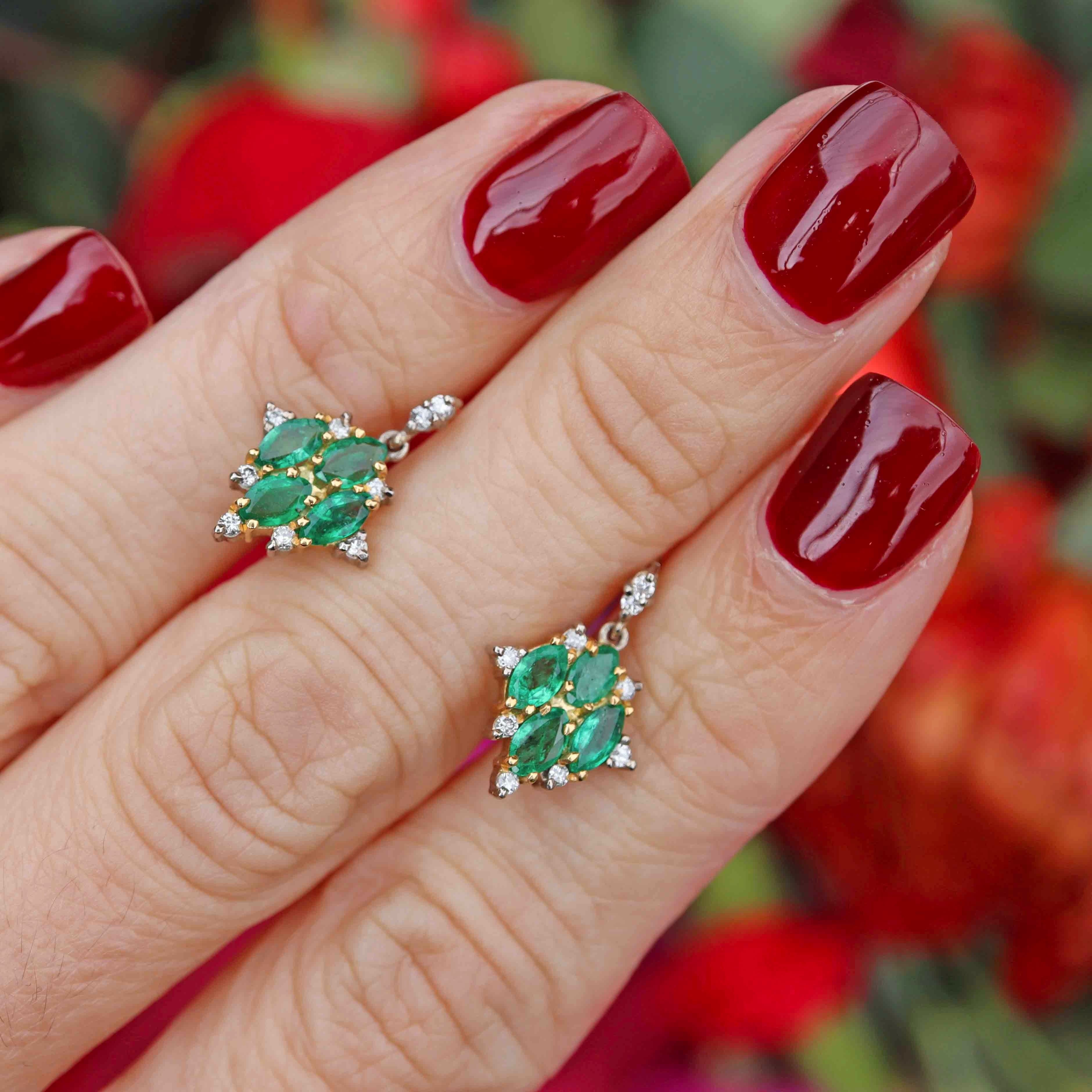Ellibelle Jewellery Vintage 1992 Emerald & Diamond 18ct Gold Marquise Drop Earrings