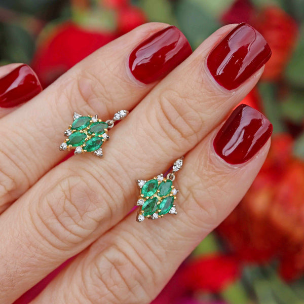 Ellibelle Jewellery Vintage 1992 Emerald & Diamond 18ct Gold Marquise Drop Earrings