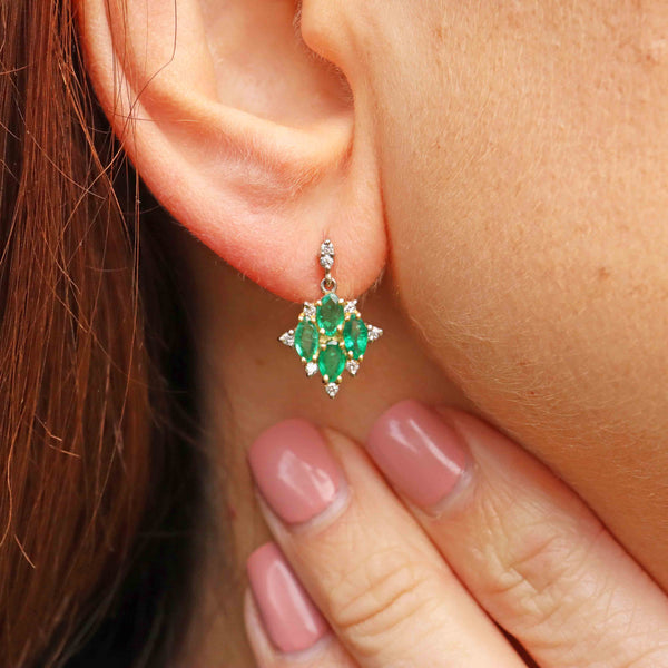 Ellibelle Jewellery Vintage 1992 Emerald & Diamond 18ct Gold Marquise Drop Earrings