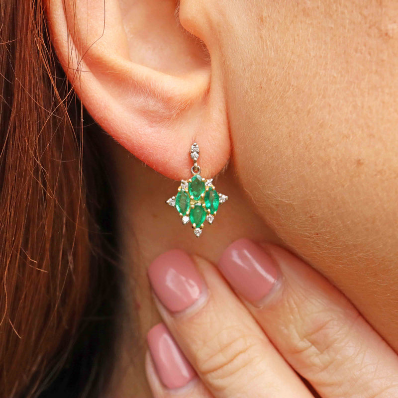 Ellibelle Jewellery Vintage 1992 Emerald & Diamond 18ct Gold Marquise Drop Earrings