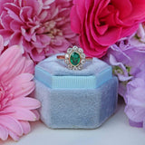 Ellibelle Jewellery Vintage 1992 Emerald & Diamond 18ct Gold Oval Floral Cluster Ring (0.77cts)