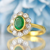 Ellibelle Jewellery Vintage 1992 Emerald & Diamond 18ct Gold Oval Floral Cluster Ring (0.77cts)