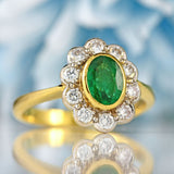 Ellibelle Jewellery Vintage 1992 Emerald & Diamond 18ct Gold Oval Floral Cluster Ring (0.77cts)