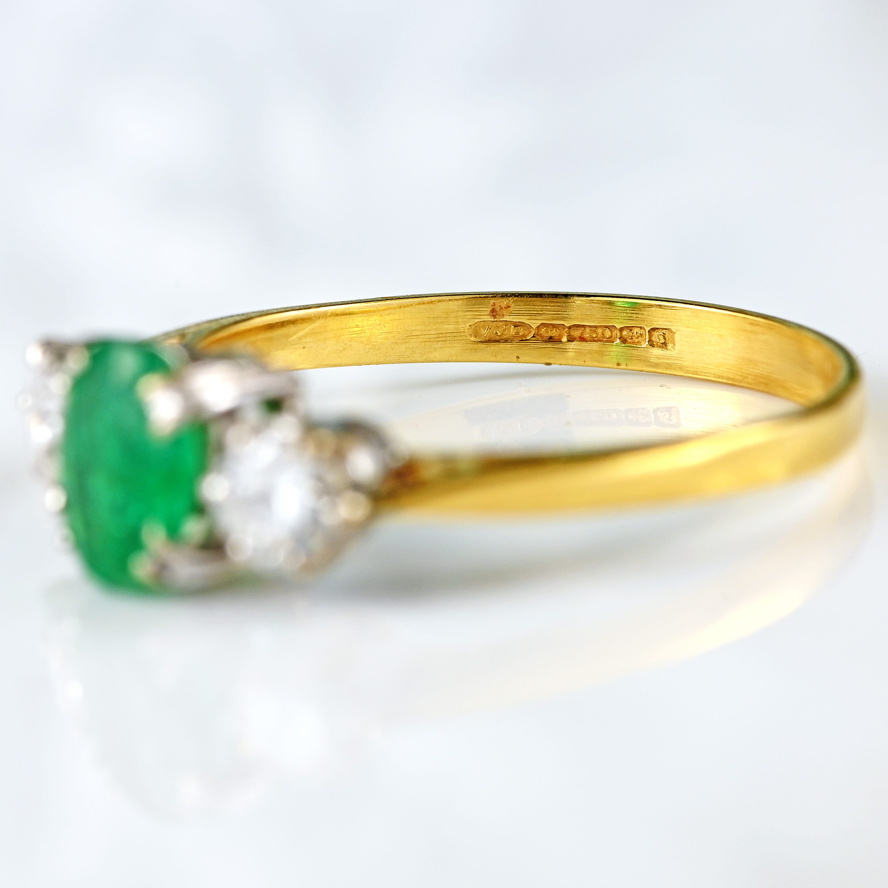 Ellibelle Jewellery Vintage 1992 Emerald & Diamond 18ct Gold Three-Stone Engagement Ring (0.65cts)