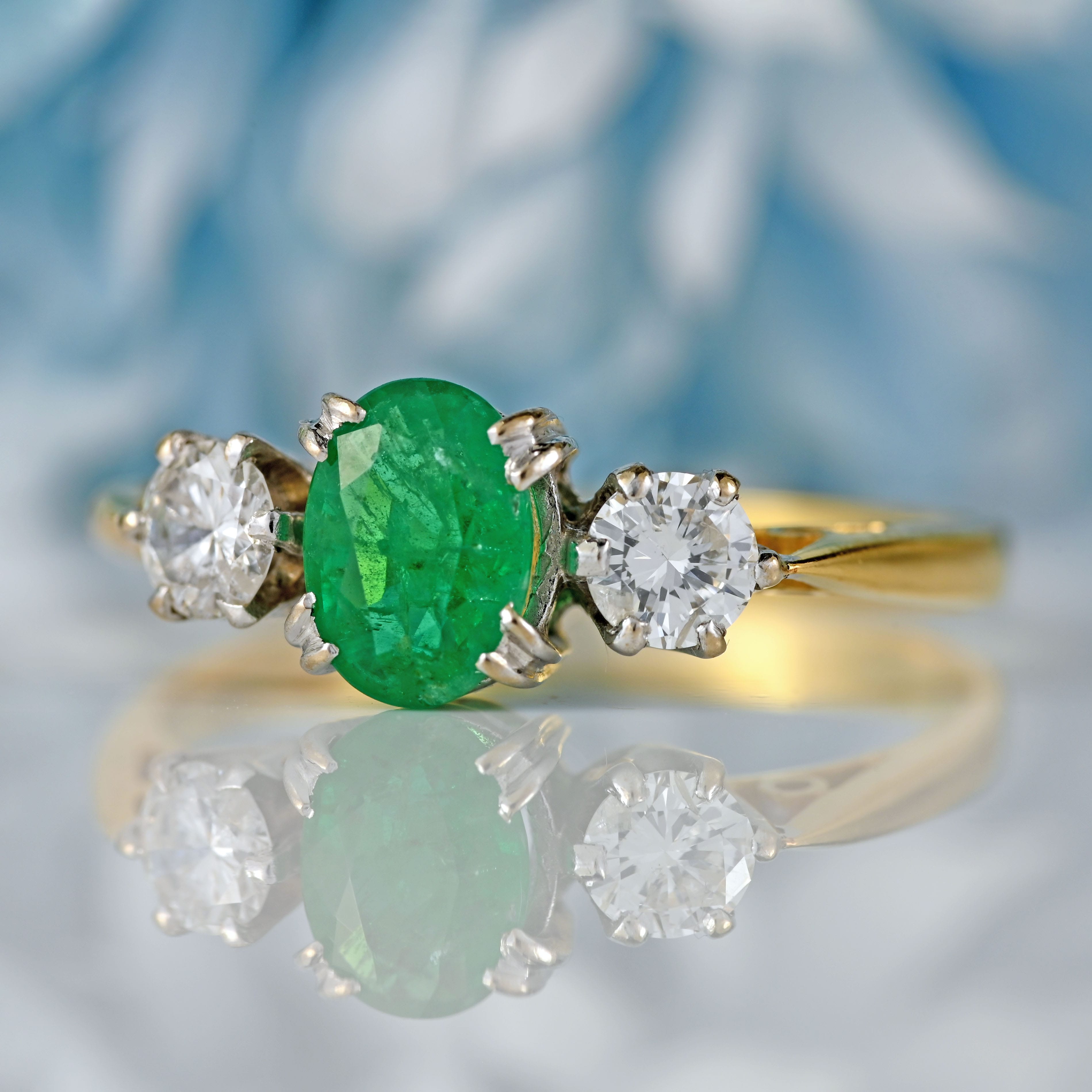 Ellibelle Jewellery Vintage 1992 Emerald & Diamond 18ct Gold Three-Stone Engagement Ring (0.65cts)