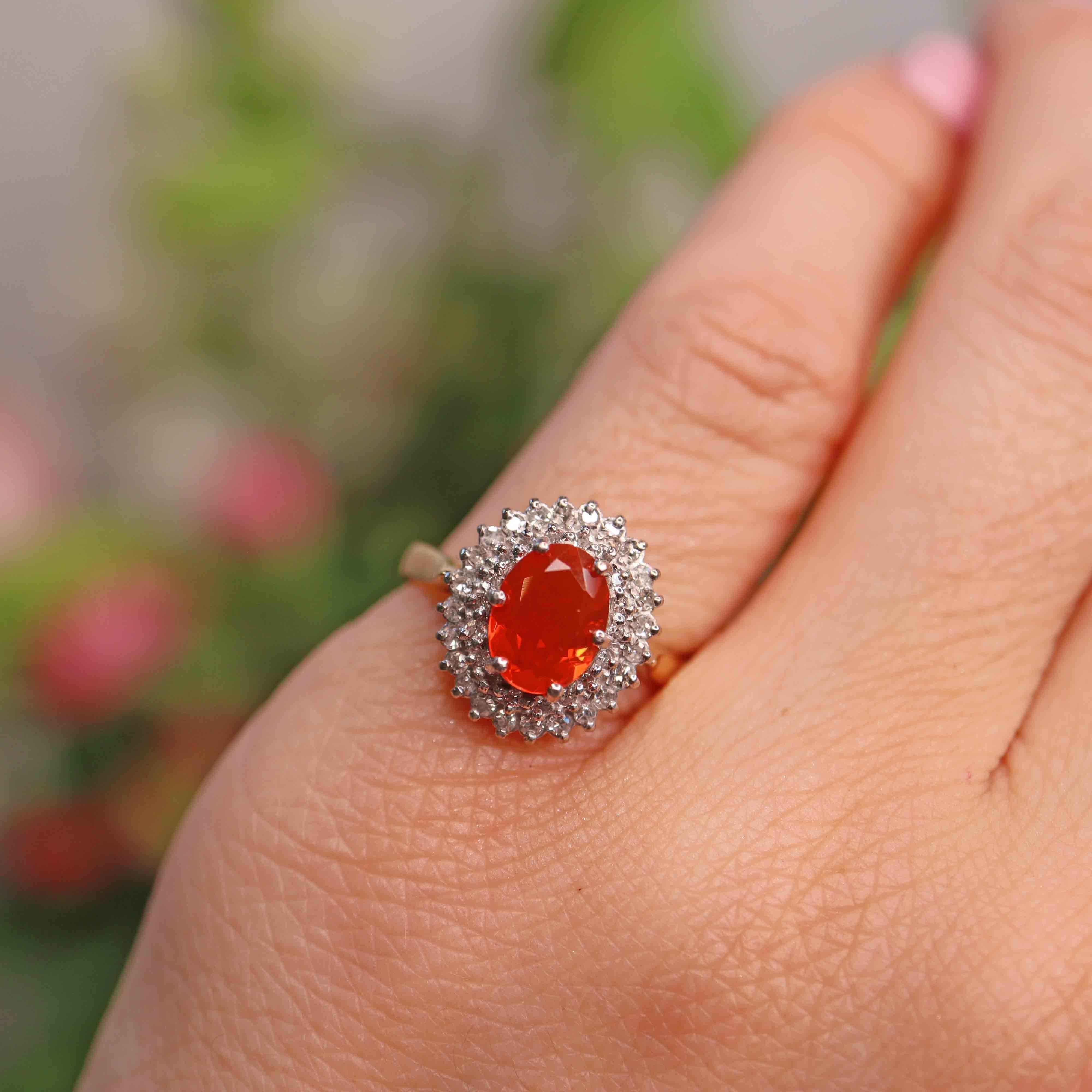 Ellibelle Jewellery Vintage 1992 Fire Opal & Diamond 18ct Gold Cluster Ring