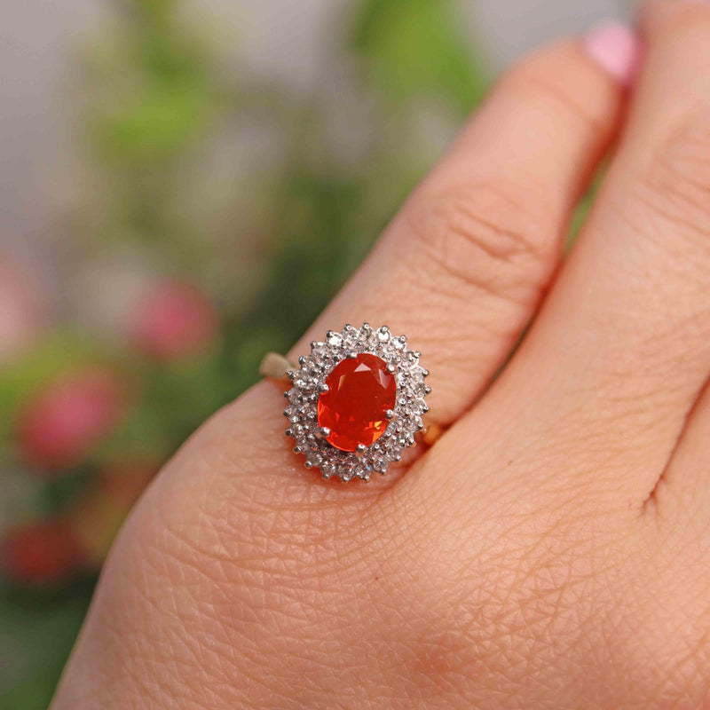 Ellibelle Jewellery Vintage 1992 Fire Opal & Diamond 18ct Gold Cluster Ring