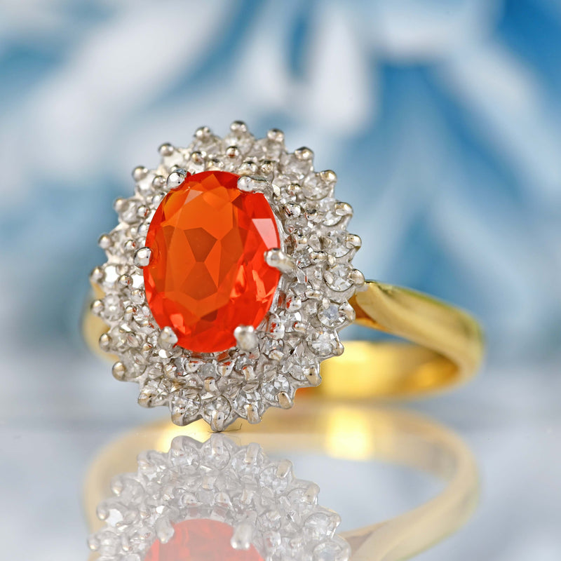 Ellibelle Jewellery Vintage 1992 Fire Opal & Diamond 18ct Gold Cluster Ring