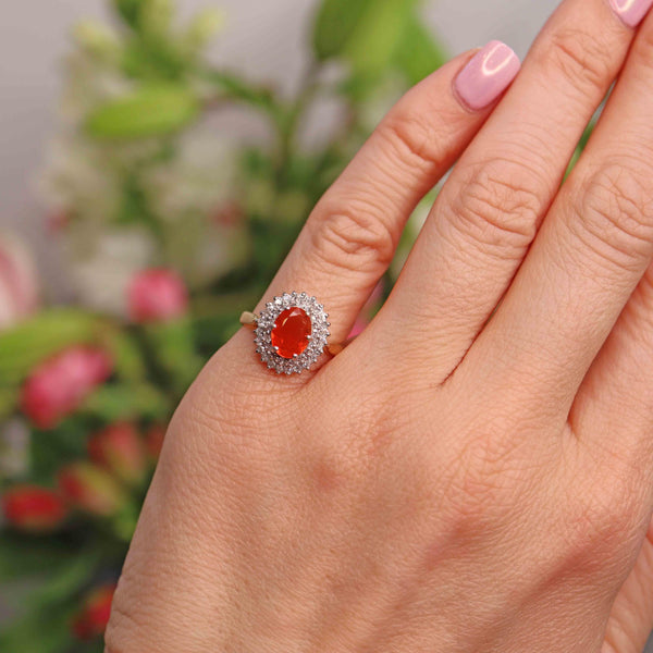 Ellibelle Jewellery Vintage 1992 Fire Opal & Diamond 18ct Gold Cluster Ring