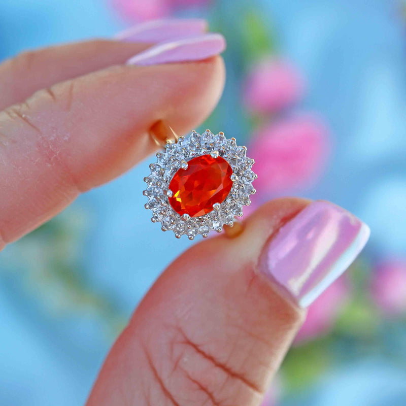 Ellibelle Jewellery Vintage 1992 Fire Opal & Diamond 18ct Gold Cluster Ring