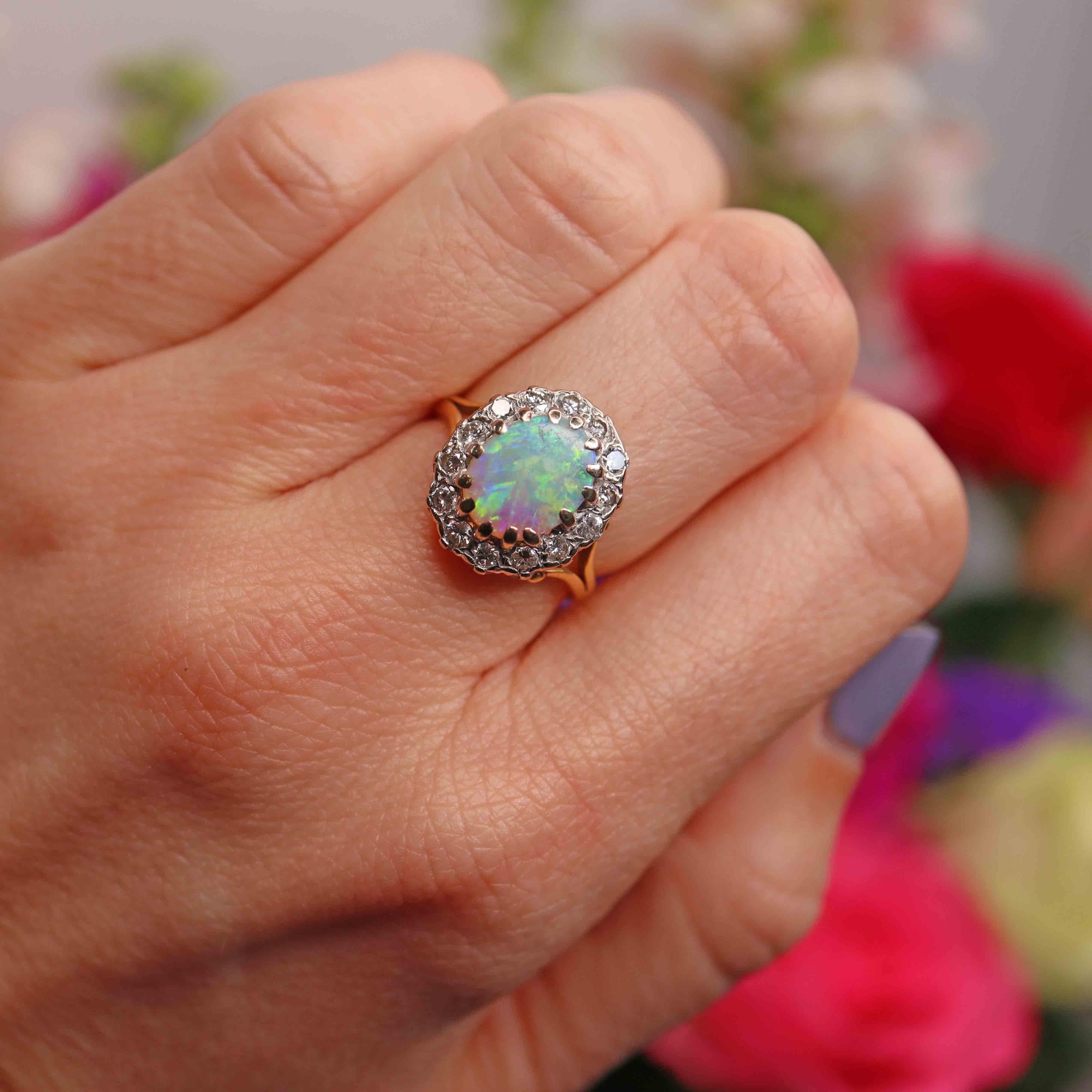 Ellibelle Jewellery Vintage 1992 Opal & Diamond 18ct Gold Cluster Ring