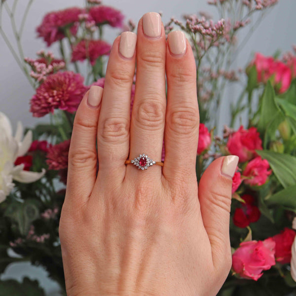 Ellibelle Jewellery Vintage 1992 Ruby & Diamond 18ct Gold Cluster Ring