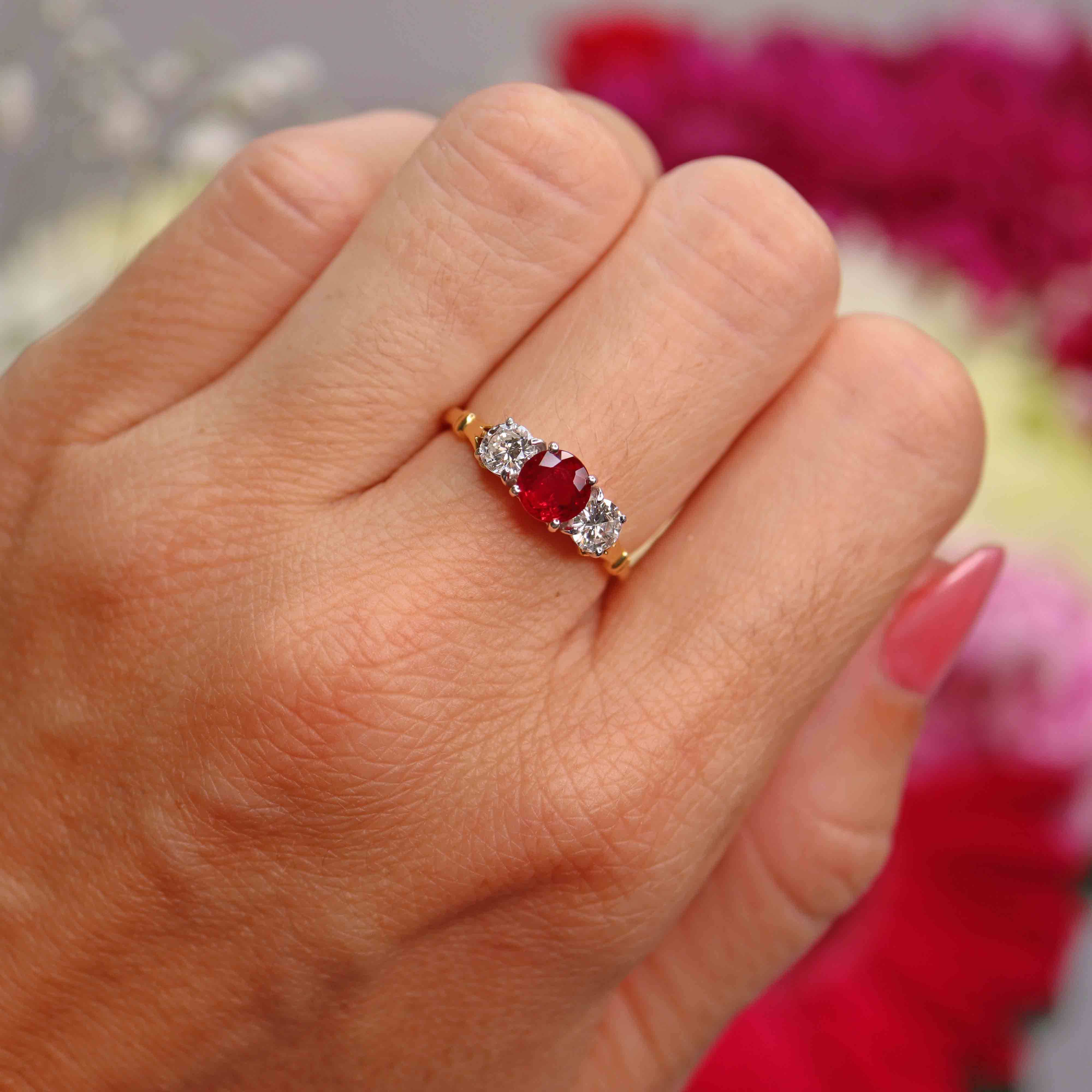 Ellibelle Jewellery Vintage 1992 Ruby & Diamond 18ct Gold Three-Stone Trilogy Ring