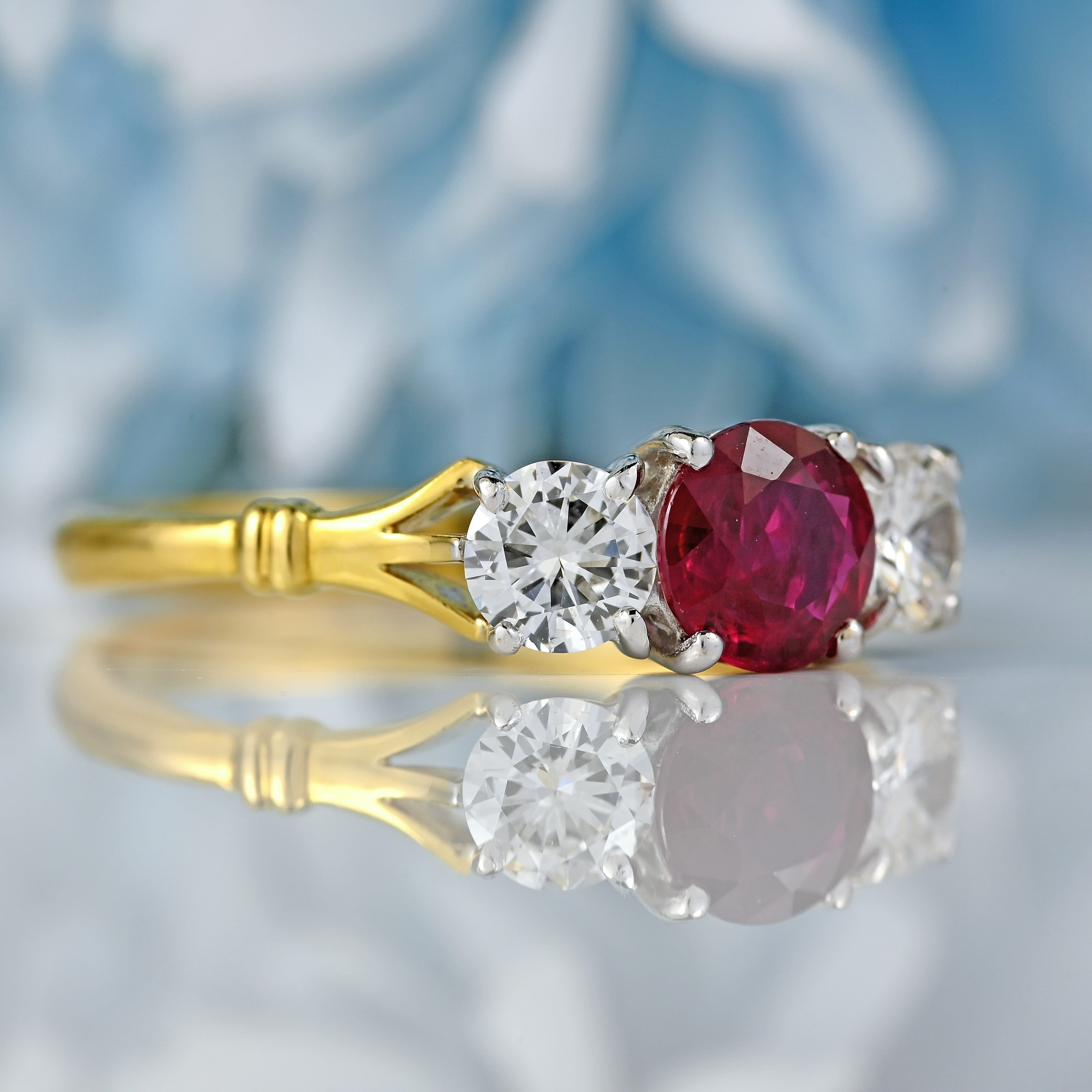 Ellibelle Jewellery Vintage 1992 Ruby & Diamond 18ct Gold Three-Stone Trilogy Ring