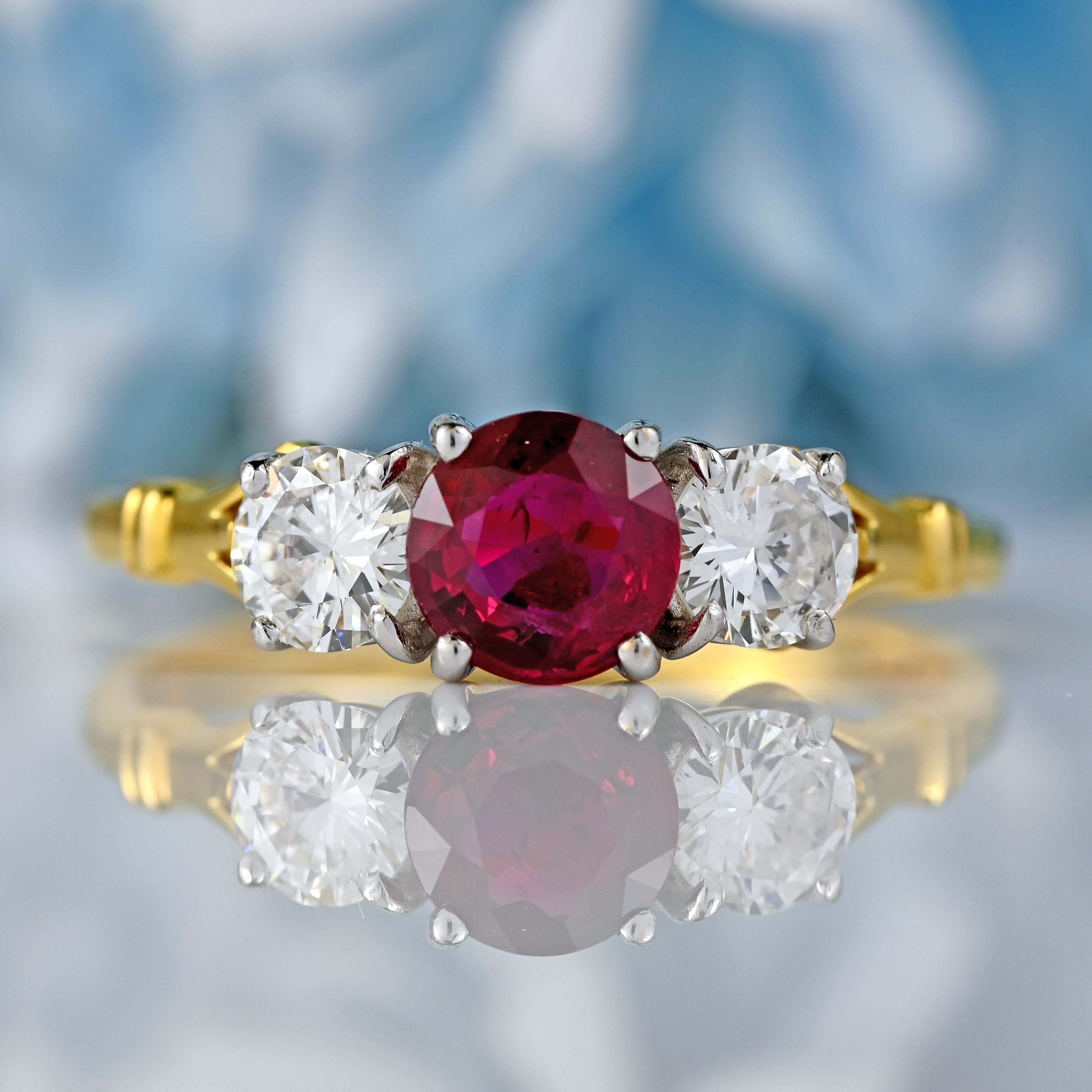 Ellibelle Jewellery Vintage 1992 Ruby & Diamond 18ct Gold Three-Stone Trilogy Ring
