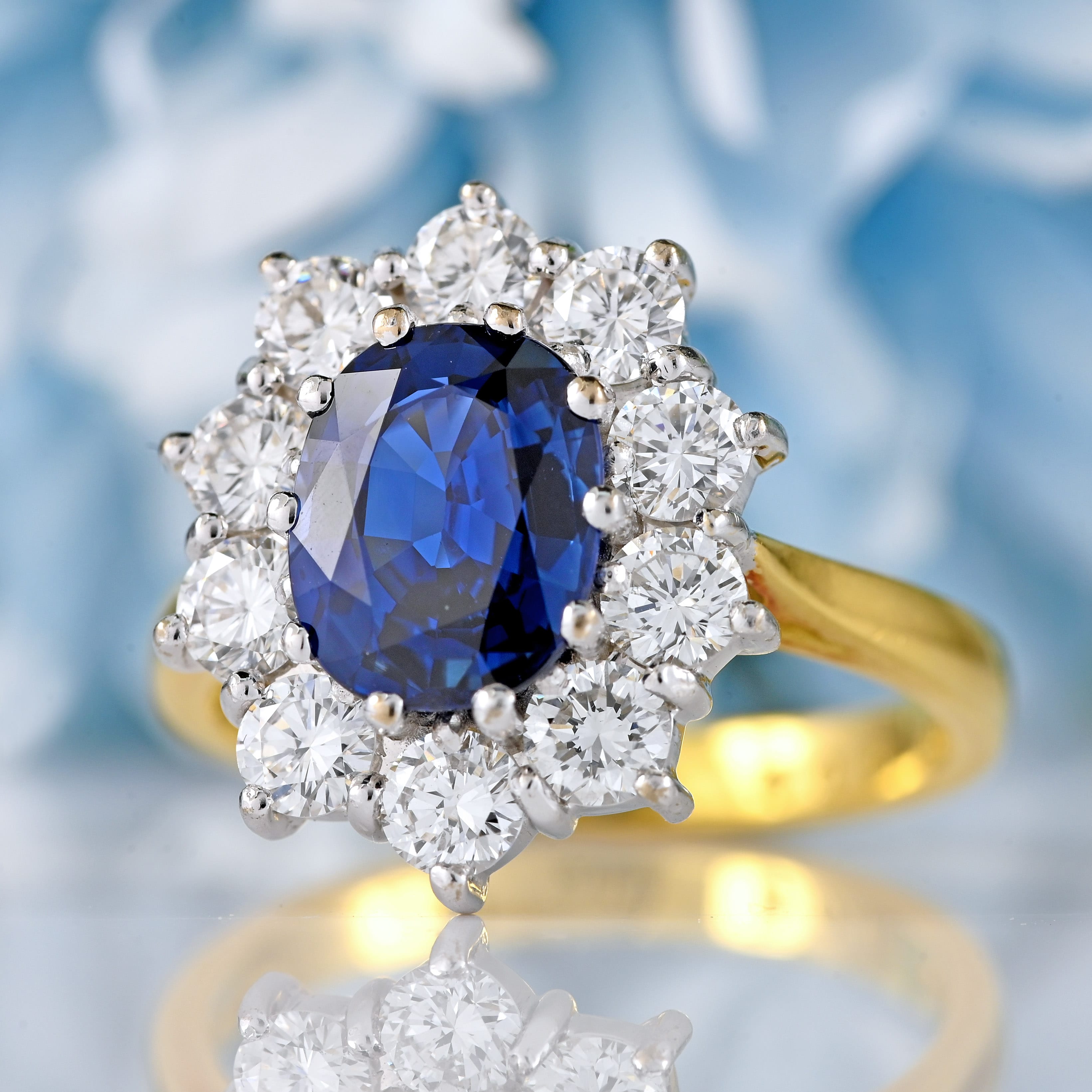 Ellibelle Jewellery Vintage 1992 Sapphire & Diamond 18ct Gold Cluster Engagement Ring (2.13cts)