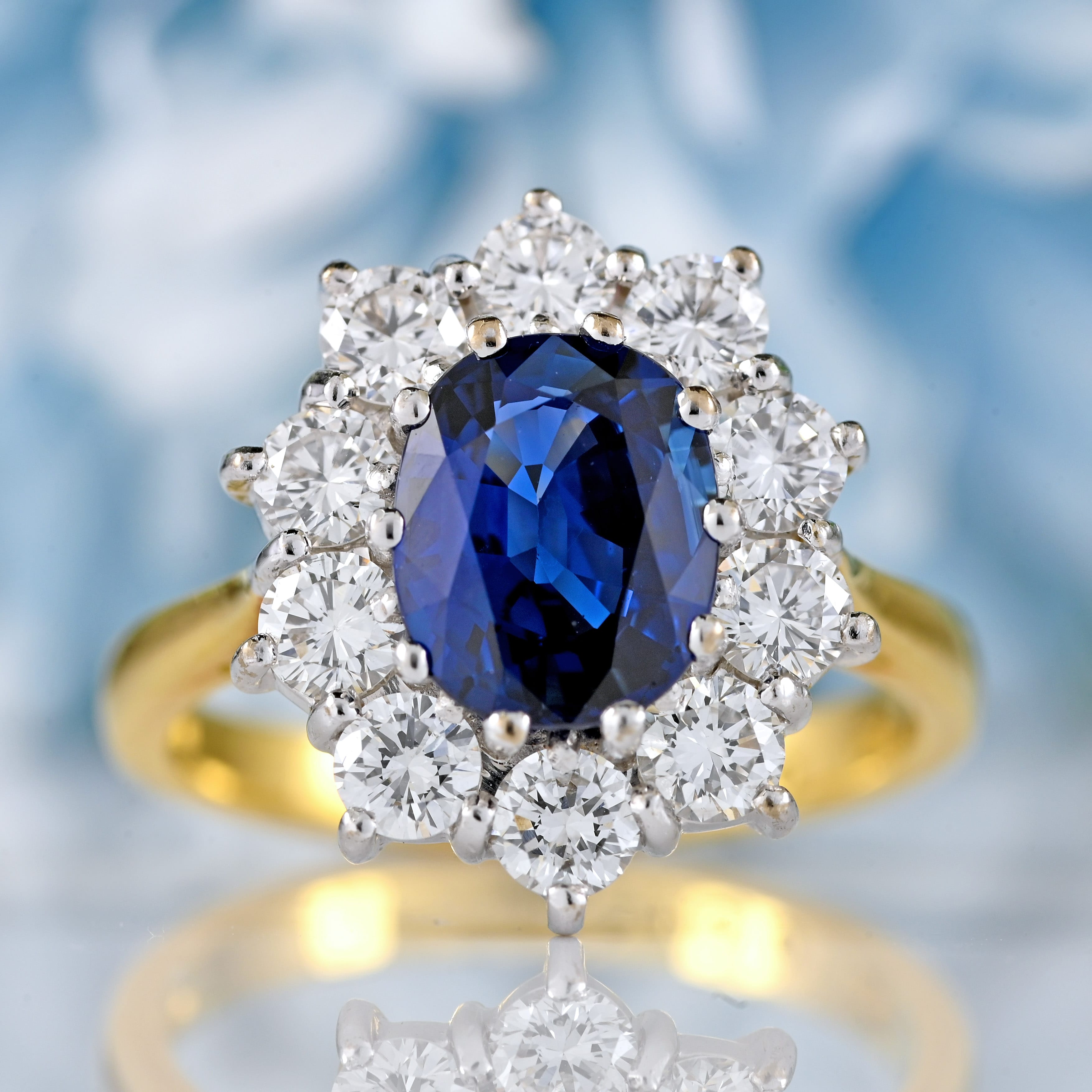 Ellibelle Jewellery Vintage 1992 Sapphire & Diamond 18ct Gold Cluster Engagement Ring (2.13cts)
