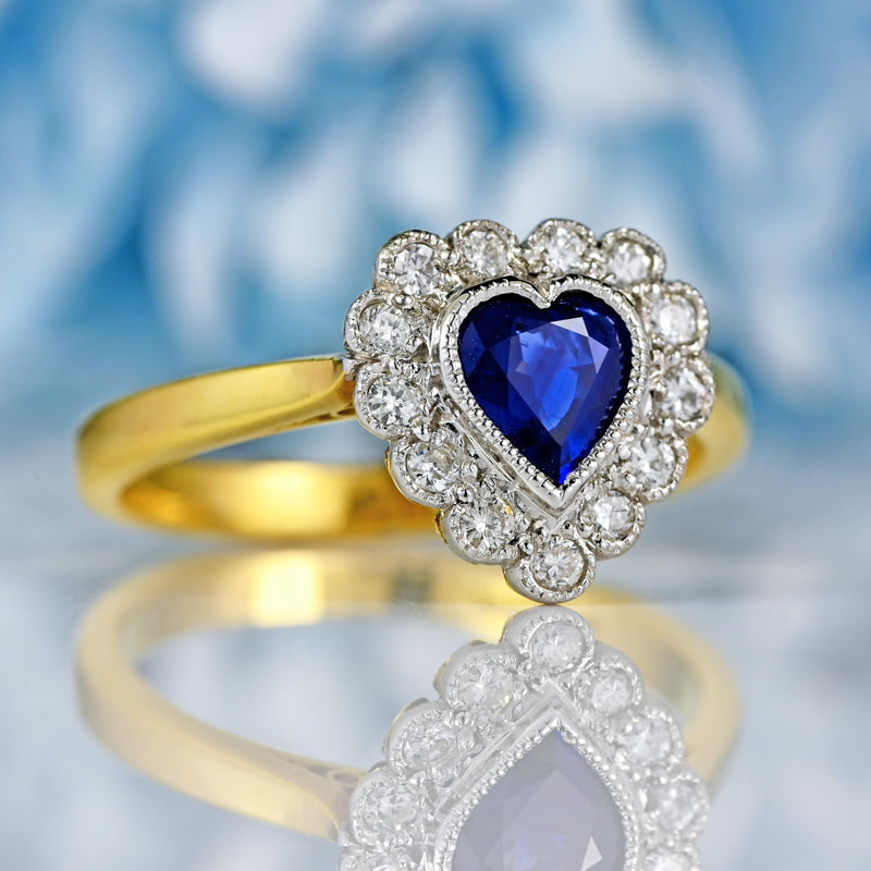 Ellibelle Jewellery Vintage 1992 Sapphire & Diamond 18ct Gold Heart-Shaped Cluster Ring