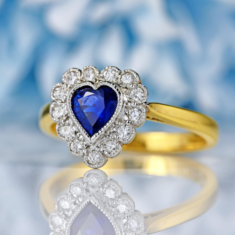 Ellibelle Jewellery Vintage 1992 Sapphire & Diamond 18ct Gold Heart-Shaped Cluster Ring