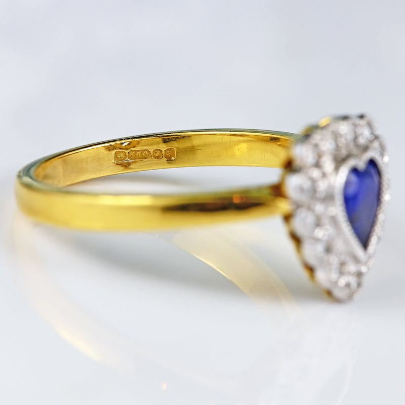 Ellibelle Jewellery Vintage 1992 Sapphire & Diamond 18ct Gold Heart-Shaped Cluster Ring