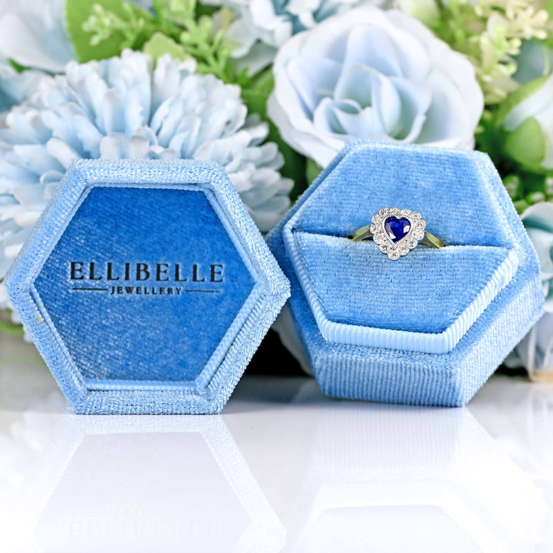 Ellibelle Jewellery Vintage 1992 Sapphire & Diamond 18ct Gold Heart-Shaped Cluster Ring