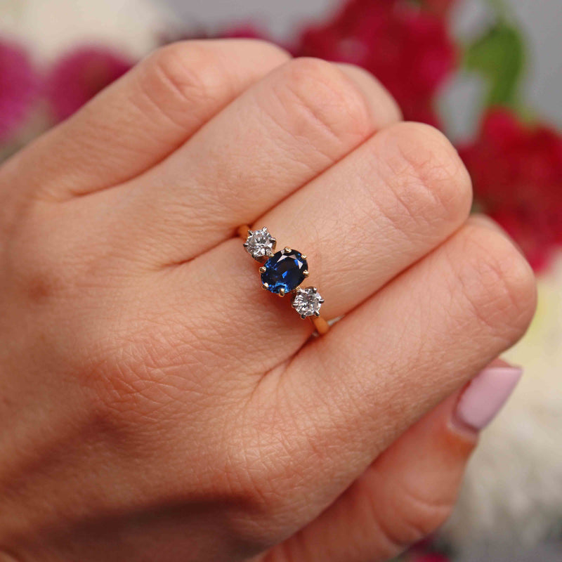 Ellibelle Jewellery Vintage 1992 Sapphire & Diamond Three Stone Engagement Ring