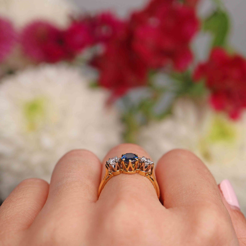Ellibelle Jewellery Vintage 1992 Sapphire & Diamond Three Stone Engagement Ring