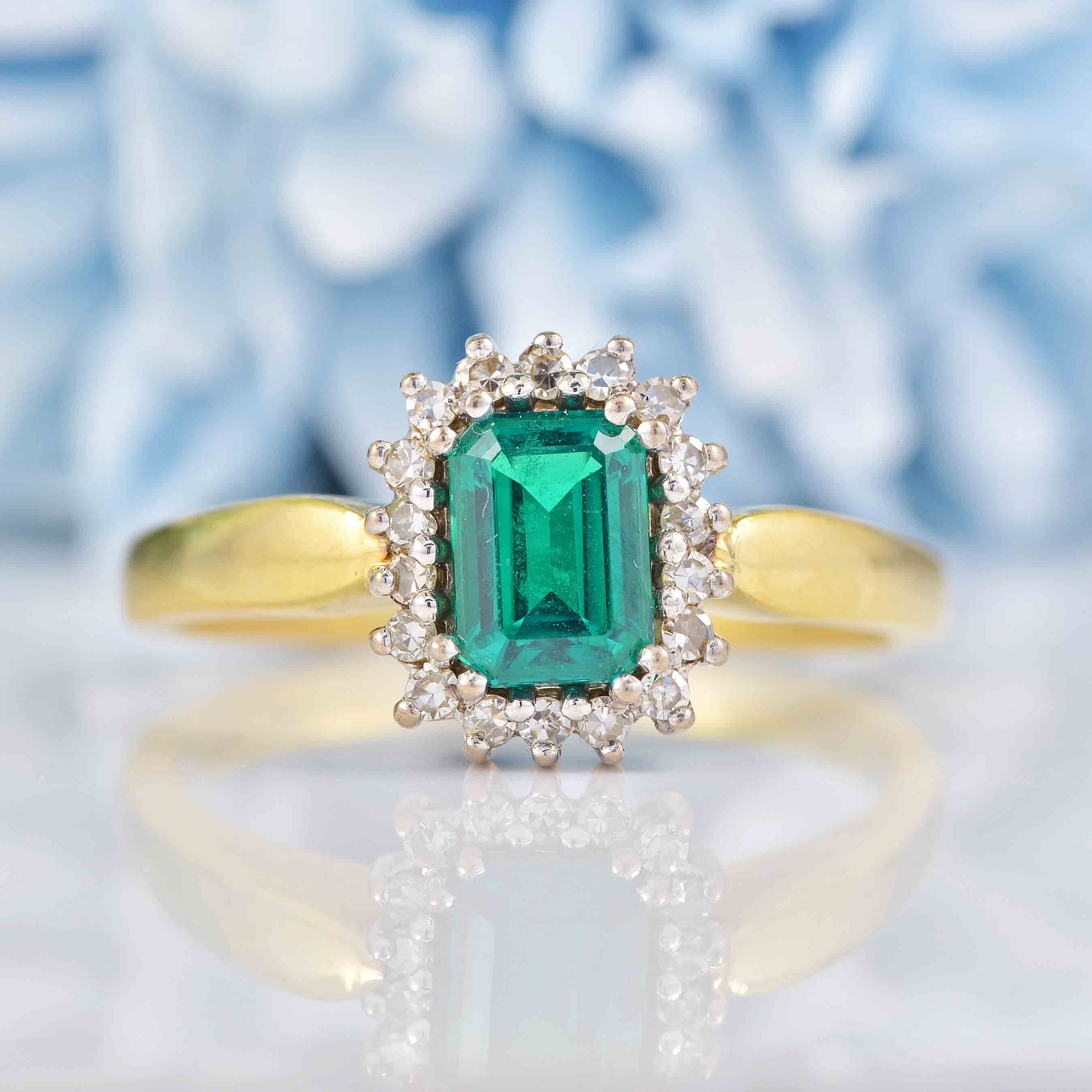 Ellibelle Jewellery Vintage 1992 Synthetic Emerald & Diamond 18ct Gold Cluster Ring