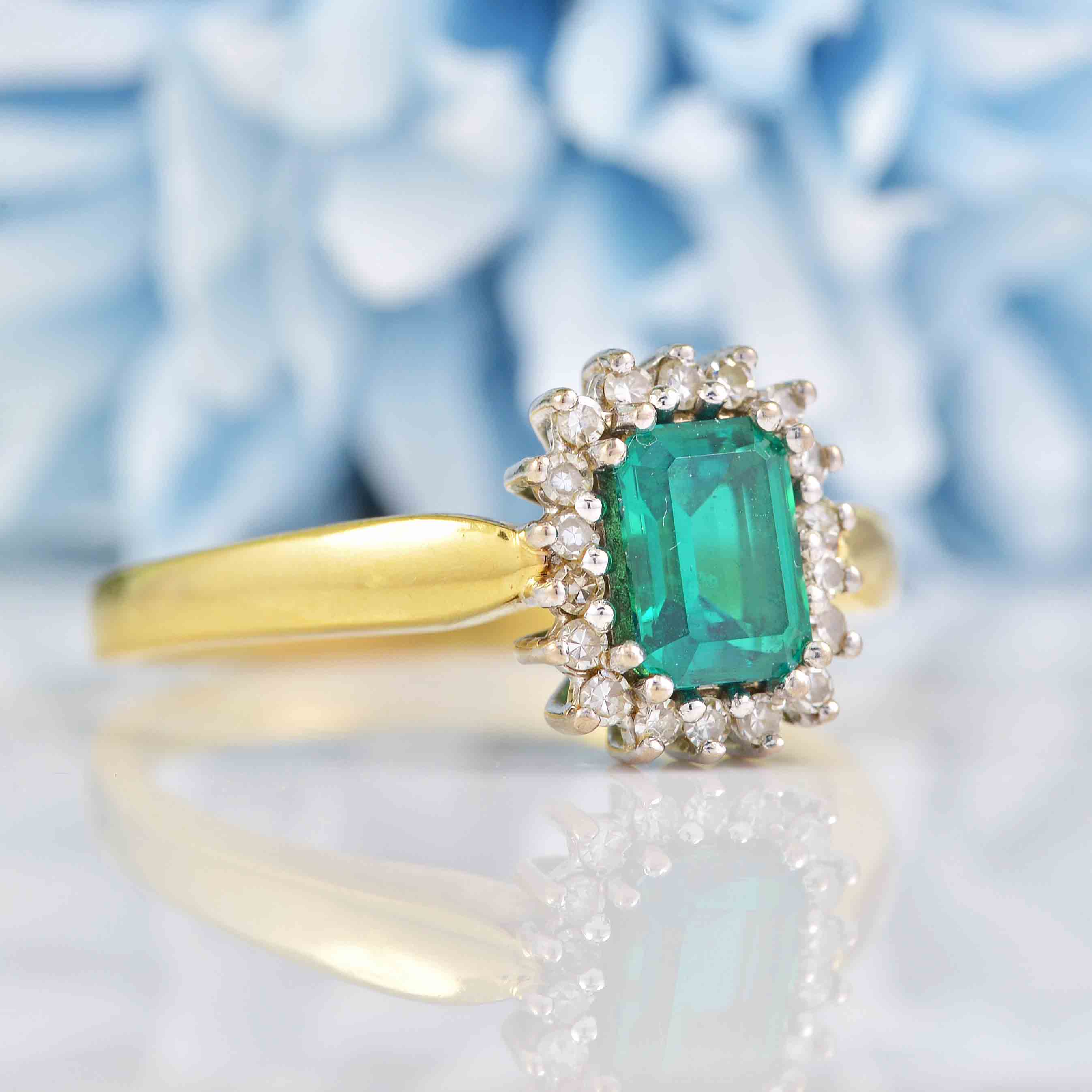 Ellibelle Jewellery Vintage 1992 Synthetic Emerald & Diamond 18ct Gold Cluster Ring